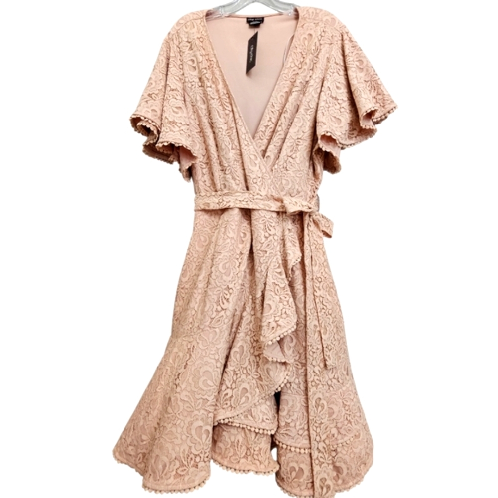 Nwt City Chic Sweet Luv Rose Quartz Lace Flutter Sleeve Vneck Knit Ruffle Dress - Picture 3 of 17